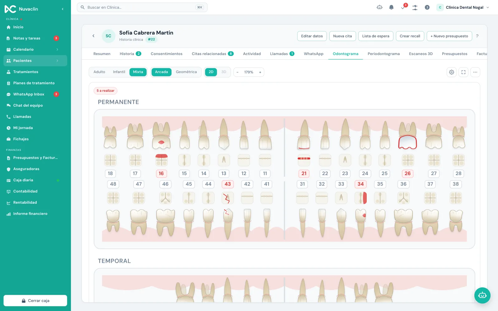 Ficha del paciente con odontograma, en una clínica dental