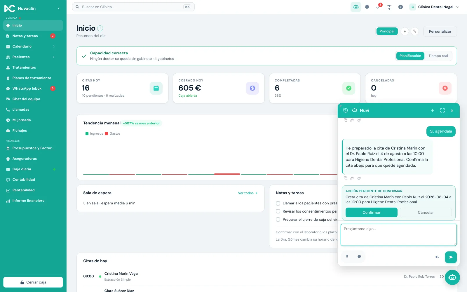 Nuvi creando una cita desde el chat, con la confirmación antes de guardarla